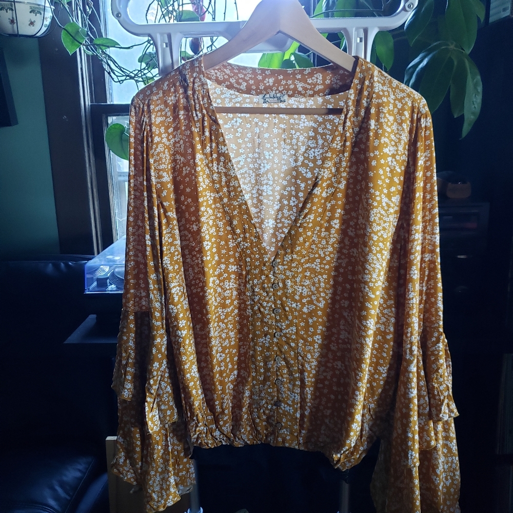 Free People deep v-neck button down with flouncy sleeves